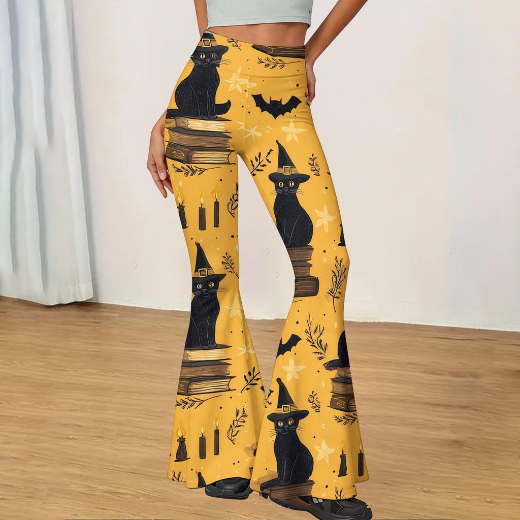 Women Casual Halloween Printed Flared Yoga Pants High Waist Stretch Bell Bottom Trousers for Fitness and Everyday Wear
