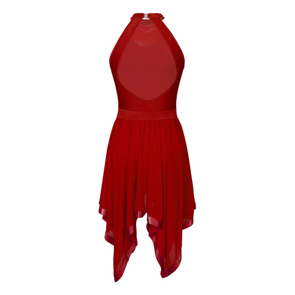 Costume de danse lyrique à paillettes pour femmes, sans manches, col licou, robe de danse asymétrique en maille