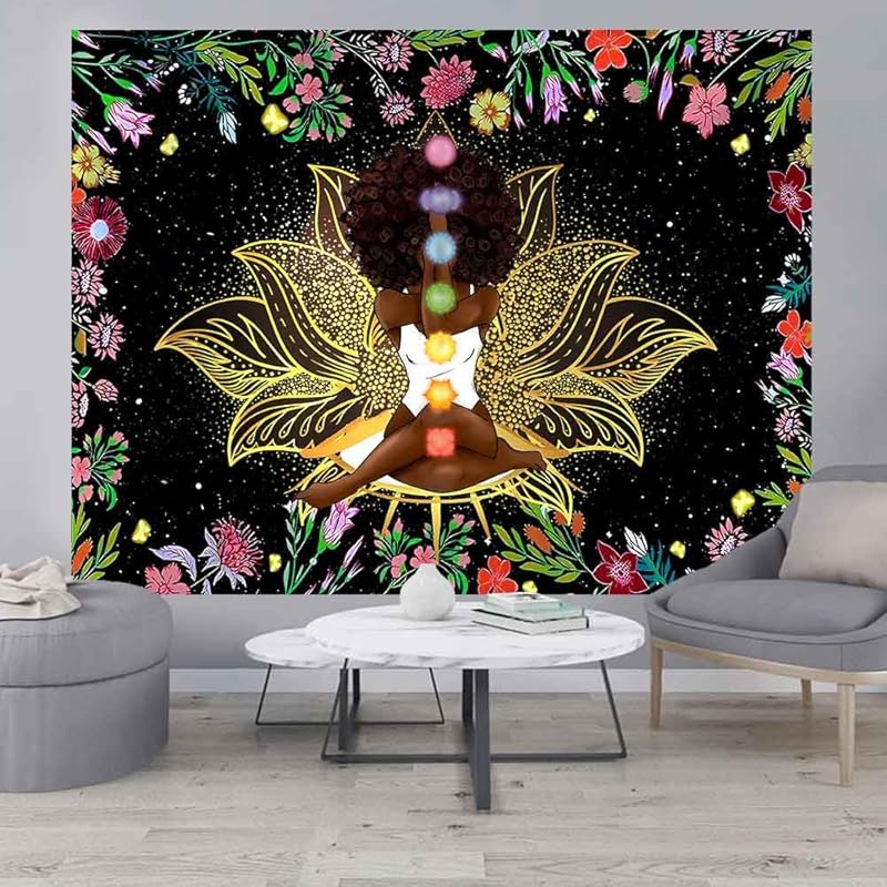 Ine Ive African Chakra Tapestry African American Woman Zen Meditation Tapestries 80x60 Inch Starry Sky Flower Garden Inspirational Afro Yoga Wall Art