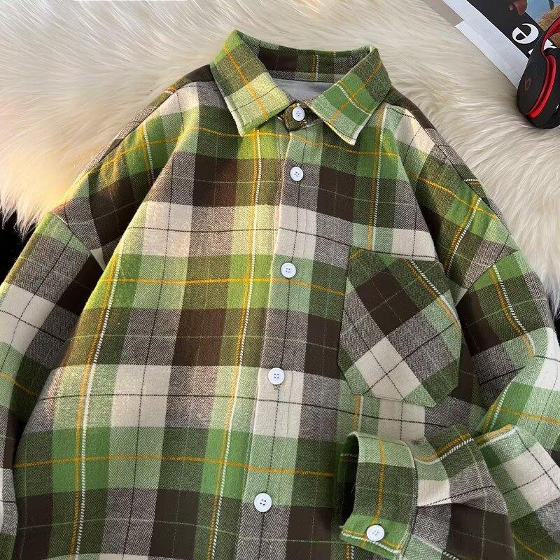 

Весенне-осенняя японская мужская рубашка в клетку с длинным рукавом, свободная корейская повседневная куртка-рубашка 3XL зелёный