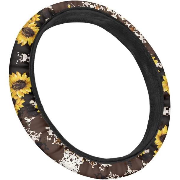15inch Cow Sunflower Auto Steering Wheel Cover for Women Men Sunflower Lover,Brown Cowhide Steering Wheel Cover Protector Accessory Elastic and Anti