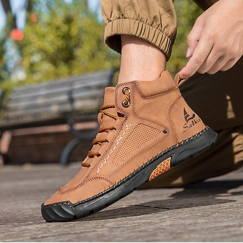 Women/ Men's PU Leather Boots, Men's Fashionable Handmade Stitched Ankle Boots, Flat Bottomed Lace Up Casual Shoes