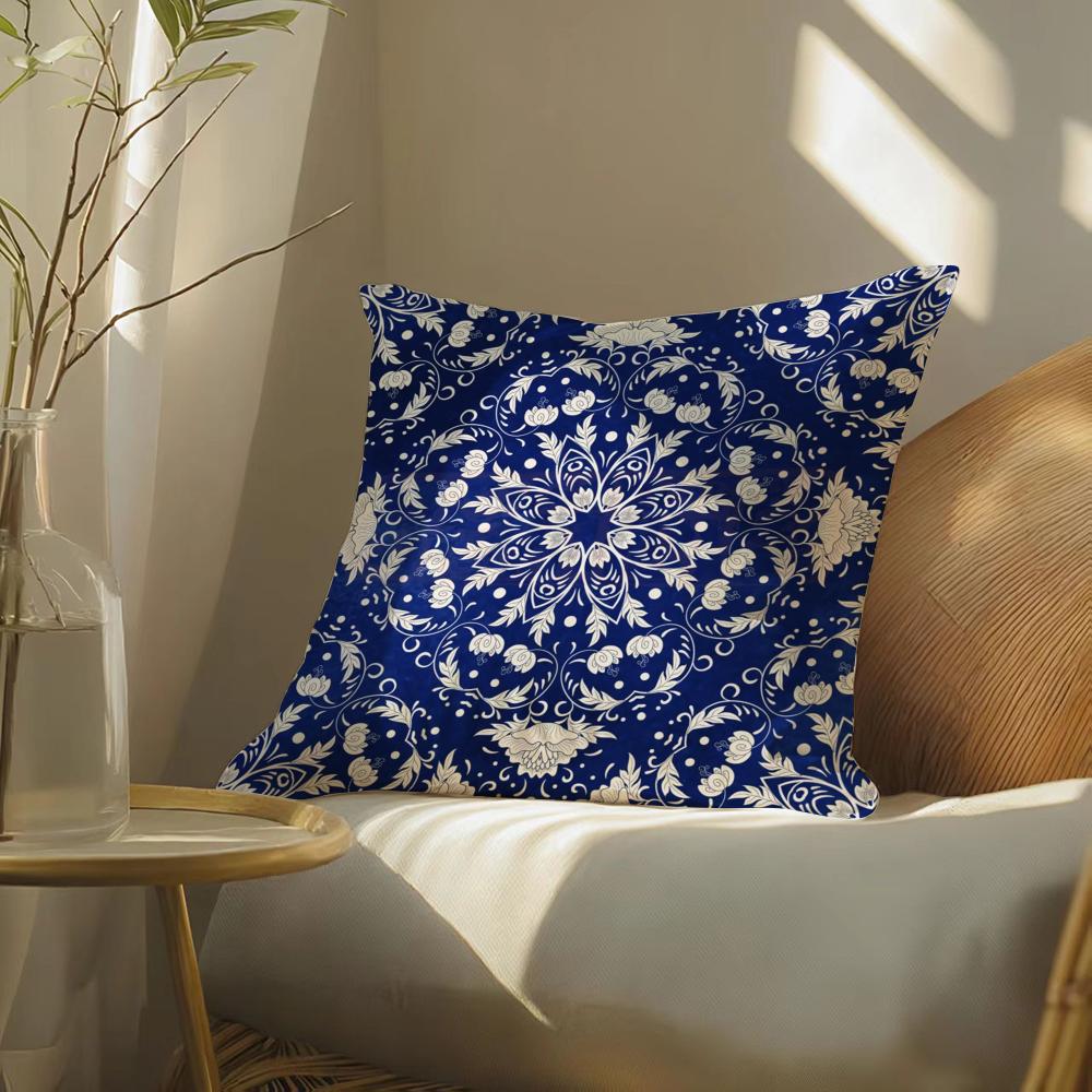 Ethnic Style Blue Floral Pillow Case Silky Elegant Comfort Sofa Bed Invisible Zipper