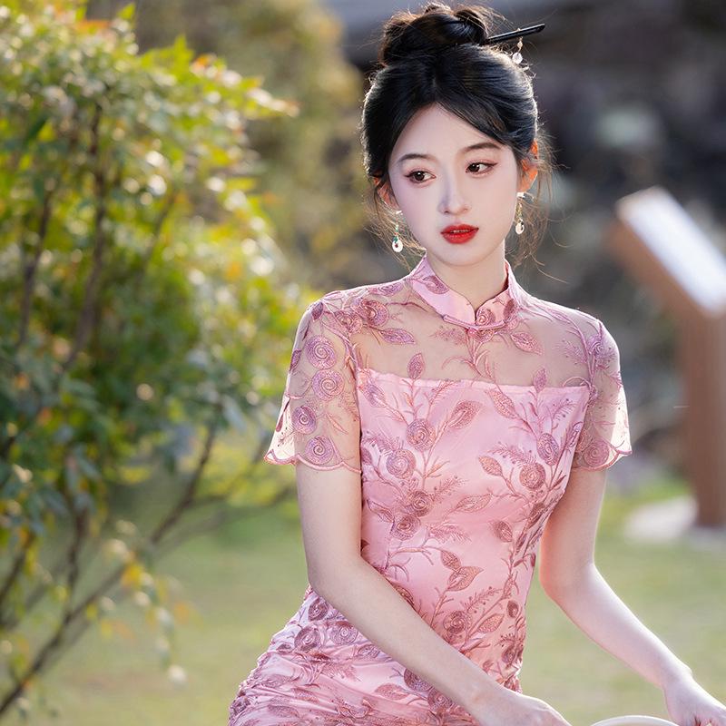 Modern Pink Embroidered Cheongsam Dress - Mid-Length Summer Style