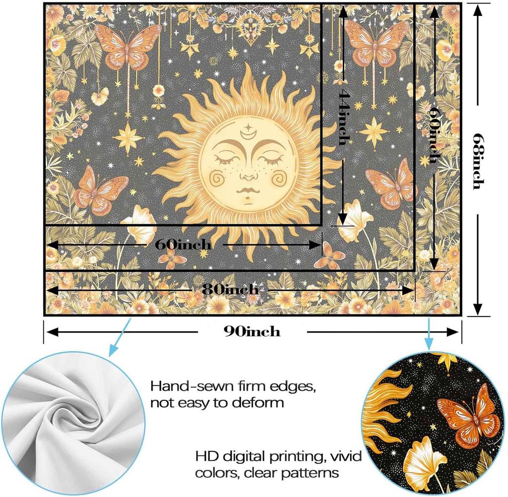 Vintage Mystical Tapestry, Golden Sun With Floral Border And Butterflies On Black Starry Background Wall Art For Aesthetic Room