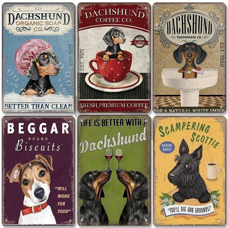Pôster Vintage Cachorros Fofos de Estimação Placas de Metal de Estanho Dachshund Bulldog Placa de Metal Para Jardim Cafeteria Cozinha Decoração de Arte de Parede para Casa