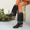 Fashion Women's British-style plus-size high-heeled fashion boots, autumn belt buckle tassels, pointed toe, western mid-calf boots