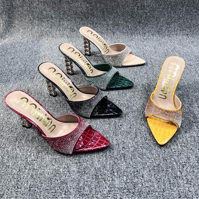 Summer New Women's Slippers Sexy Luxury Pointed Rhinestone Colored High Heel Slippers Wedding Bridal Party Large Size Shoes