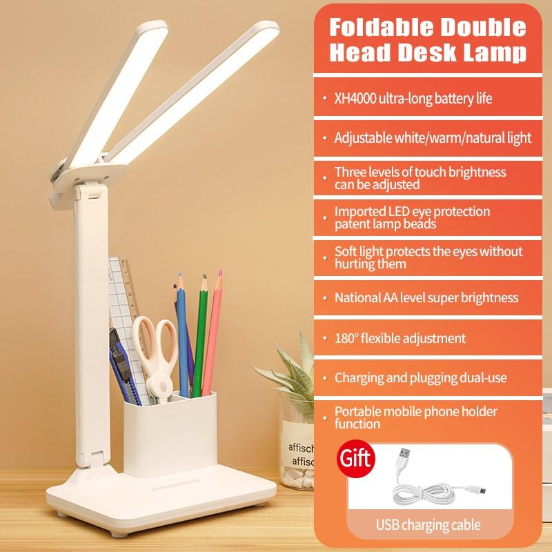 LED-Doppelkopf-Schreibtischlampe mit Halterung, wiederaufladbare USB-Tischlampe, einstellbare Helligkeit, Augenschutz, Schreibtischleuchte, Touch-Dimmung, Tischleuchte
