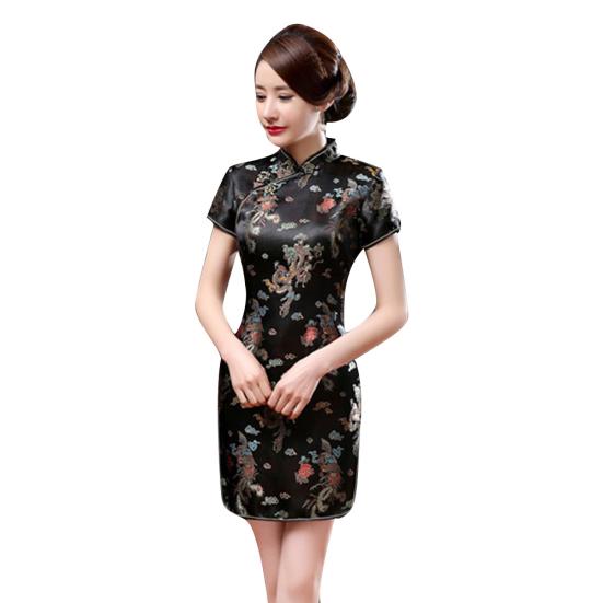 Women Chinese Dragon Phoenix Embroidery High Neck Short Sleeve Split Mini Dress