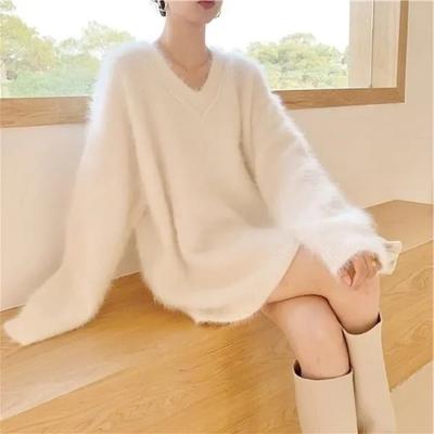 V-neck Thickened Sweater Women's Fall and Winter Medium-length Large Size Loose Warm Tops Comfortable Casual Elastic Pullover Sweater