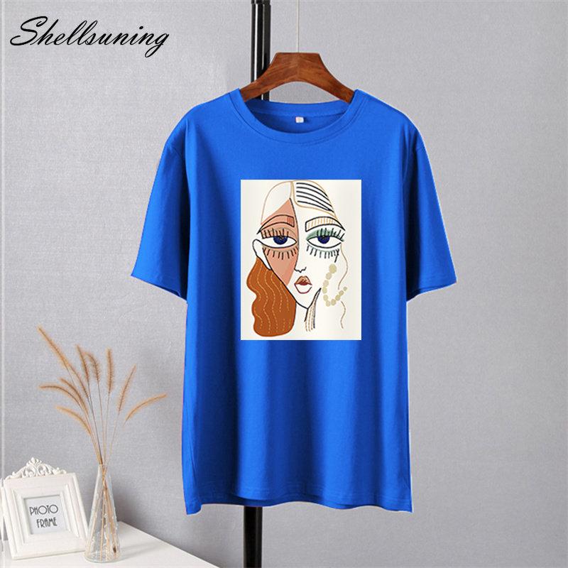 Shellsuning Summer Retro Character Printed T Shirts Women Korean Graphic Trendy Tees Loose Casual Short Sleeve Female Tops