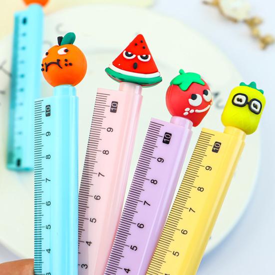 6/12Pcs Cartoon Fruit Gel Ruler 0.5MM Quick Drying Assorted Smooth Writing Pen with Multi-functional Writing Pen