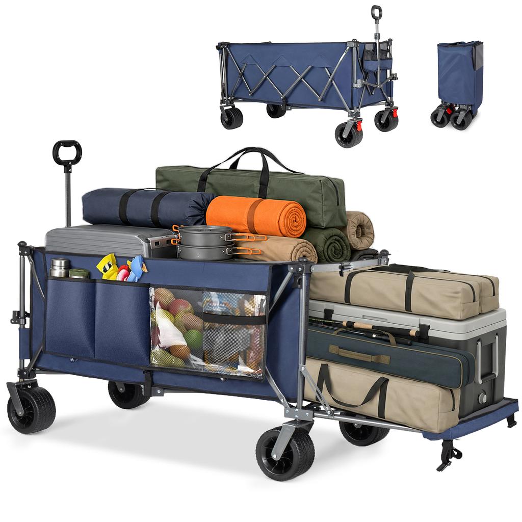 300L+120L Wagon and Tailgate, 180cm Foldable Wagon with Extra Wide 17x10 cm All-Terrain Wheels, Ideal for Garden, Shopping, and Outdoor Use (Blue)