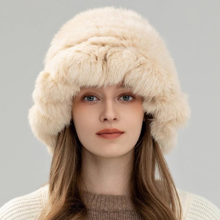 Real Rabbit Hair Cloud Hat Plush Hat Women's Autumn and Winter Warm Face Small Ear Protection Fur Knitted Bucket Hat Basin Hat