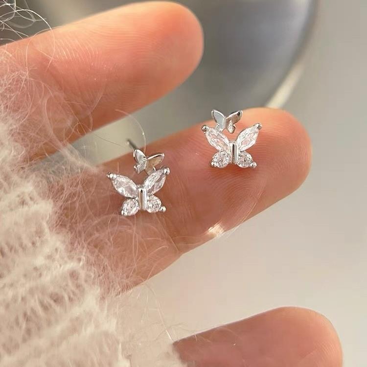 

Серьги из стерлингового серебра 925 пробы со стразами и цирконием, серьги-гвоздики с двойной бабочкой, женские свежие нишевые дизайны, простые серьги 925