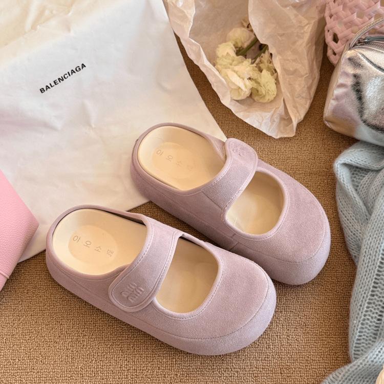 Soft leather version~ thick bottom simple height increase soft bottom 2025 spring new versatile round head bag head tow boken color women