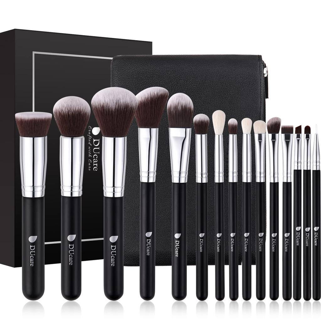DUcare Makeup Brush Set with PU Storage Natural Bristle Eyeshadow Professional Makeup Professional DF1503 15-Piece Pouch, Set, Brushes, Portable,