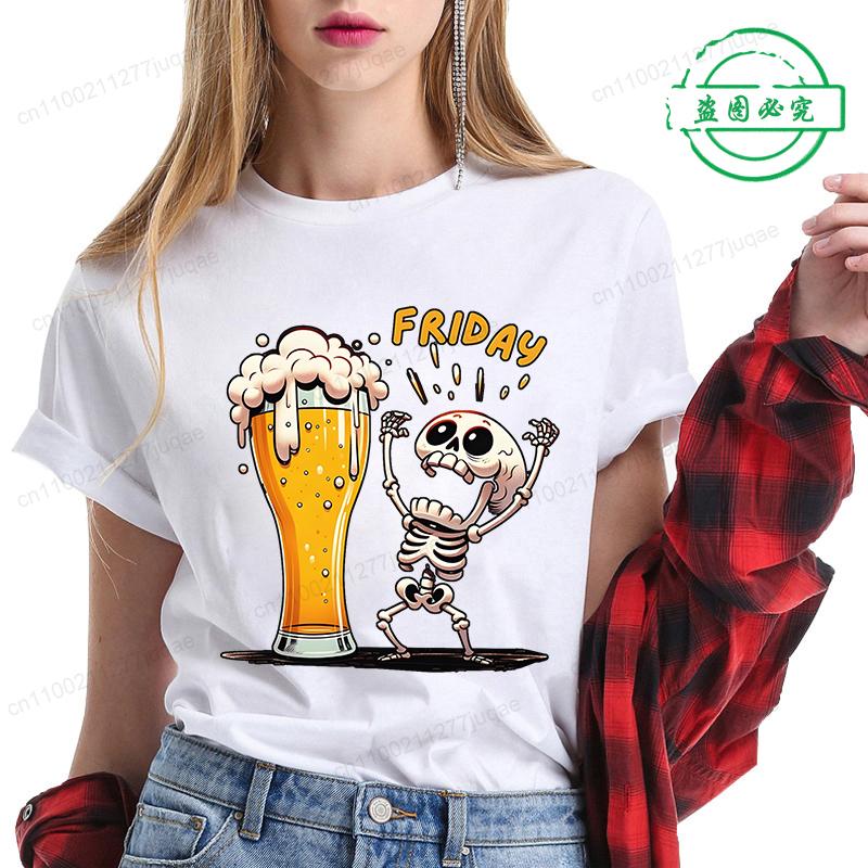 Women T Shirt Monday To Friday Drink Beer Funny Sports Fashion Casual T-shirt Skeleton FRIDAY Beer Graphic Tshirts Women Clothes