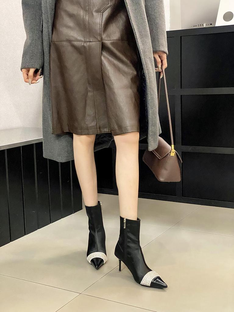 fashion Silk Women Ankle Boots Pointed Toe Winter Boots Woman Thin High Heels Back Zipper Rhinestone Chain Autumn Spring Boots Woman 40