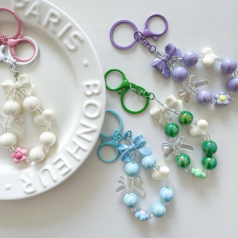 Cartoon Bow Heart Beaded Phone Chain Colorful Keychain Pendant For Women Girls Versatile Backpack Decoration Accessories Gifts