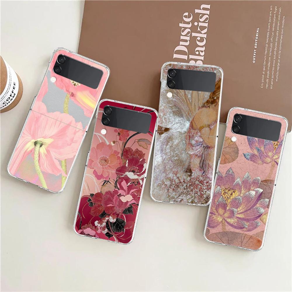 Transparent Phone Case For Samsung Galaxy Z Flip 3 4 5 6 7 Hard Folding PC Z Flip3 Flip4 Cover Flower Cute Fairy Fish Painting