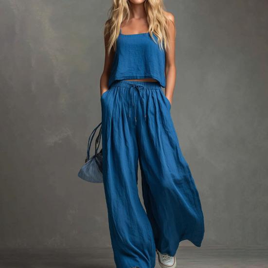 Sommer ärmelloses 2-teiliges Outfit für Damen, lässiges Crop-Cami-Top und weite Hosen, Loungewear-Partnerlook-Sets mit Taschen