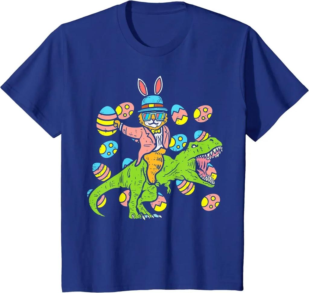 Cat Easter Bunny Riding Dino Egg Hunt Dinosaur Boys Young Kids T-Shirt Men Clothing Vintage T Shirt Four Seasons Tees