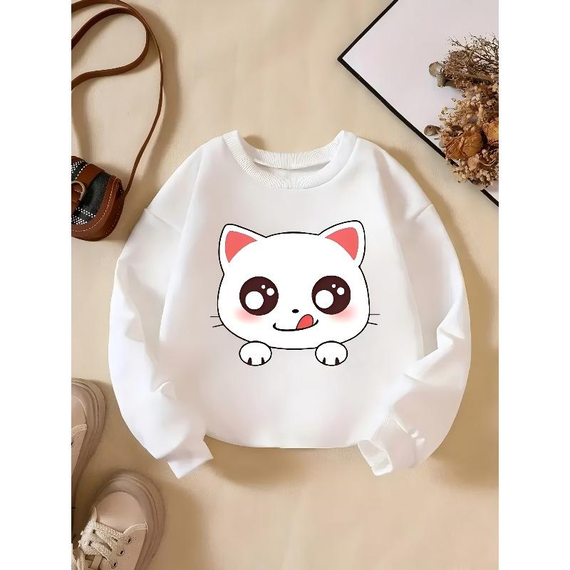 Girls' Fashion New Knit Sweatshirt with Cute Cat Print, Spring/Autumn Clothing