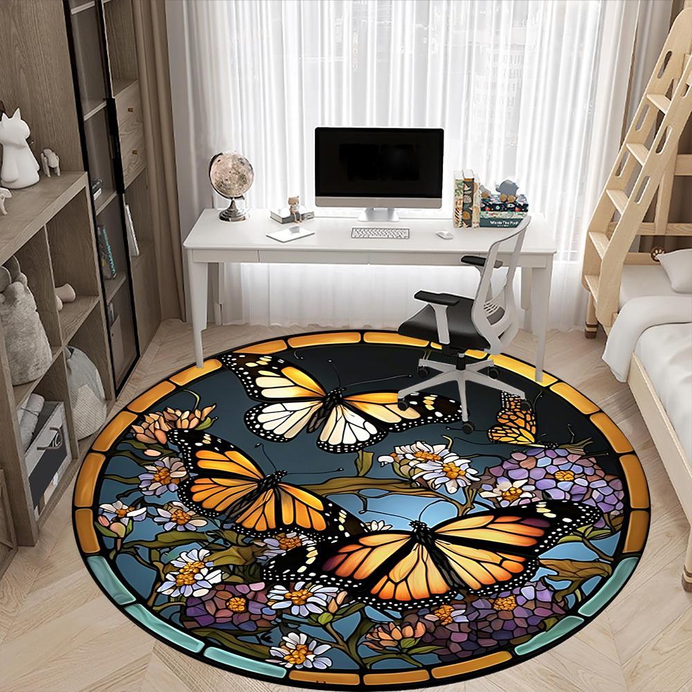 1pc Butterfly Stained Glass Chair Carpet for Office, Round Polyester Mat, Indoor Decor for Office, Washable Non-slip Carpet yy251219136