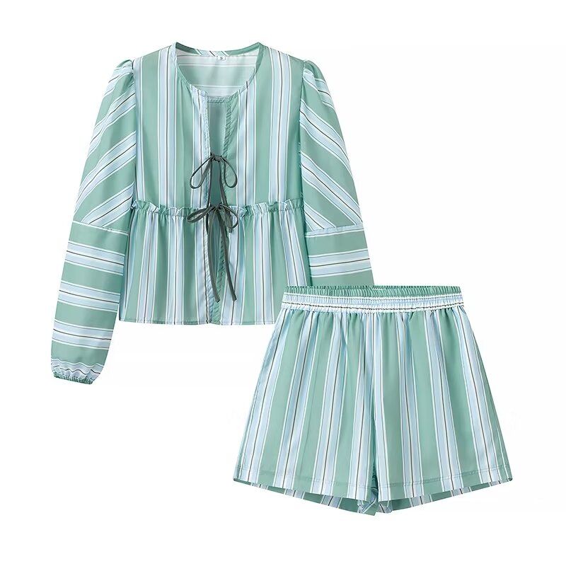 Kaslead New Arrival Women's Clothing Fashion Style Fashion Minimalist Lace-up Long Sleeve Tops Casual Shorts Suit