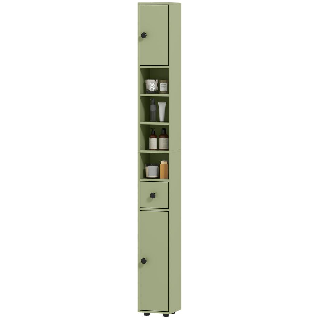 Tall Bathroom Storage Cabinet, 1 Drawer, 4 Shelves, 2 Cupboards, 20 x 20 x 180 cm, Green