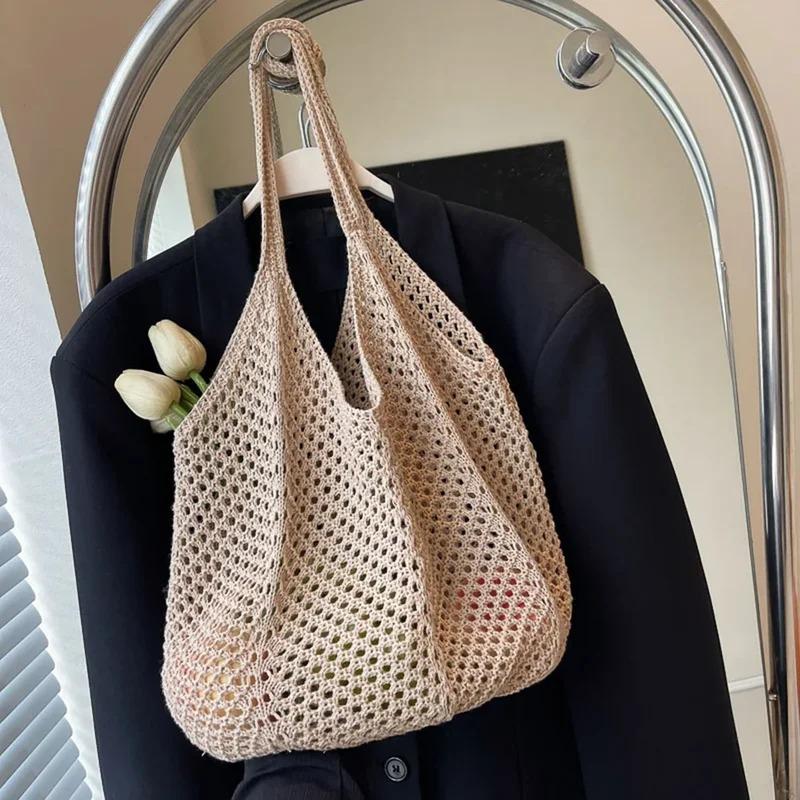 Fashion Women's Hollow Woven Shoulder Bags Large Capacity Knitting Underarm Bag Solid Crochet Tote Handbag Summer Mesh Beach Bag