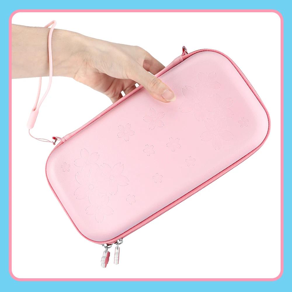 Pink Cherry Blossoms Shell Portable Carry Bag for Switch OLED PU Waterproof Pouch Case Storage Cover Box for Switch