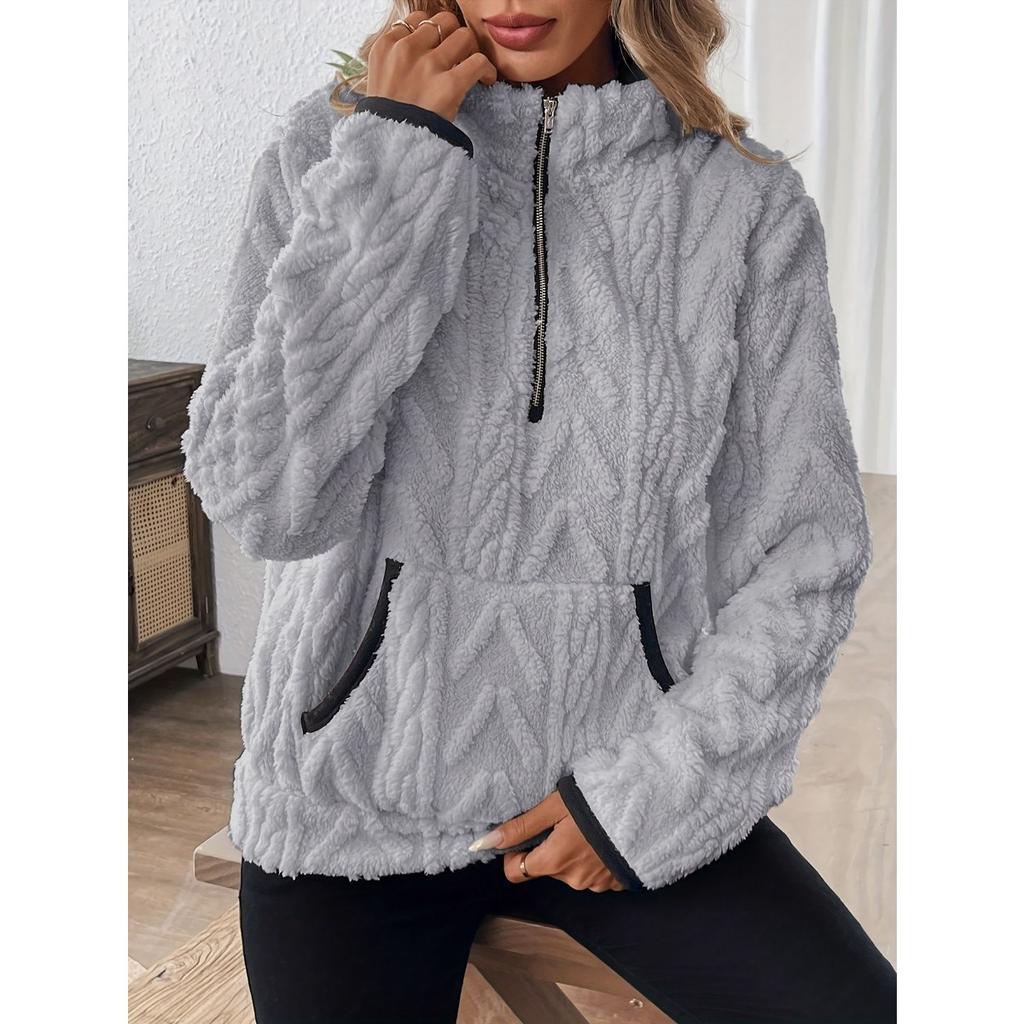 Podzimní a zimní nový styl klopa malý voňavý žakárový poloviční zip plyšová kapsa krátká mikina