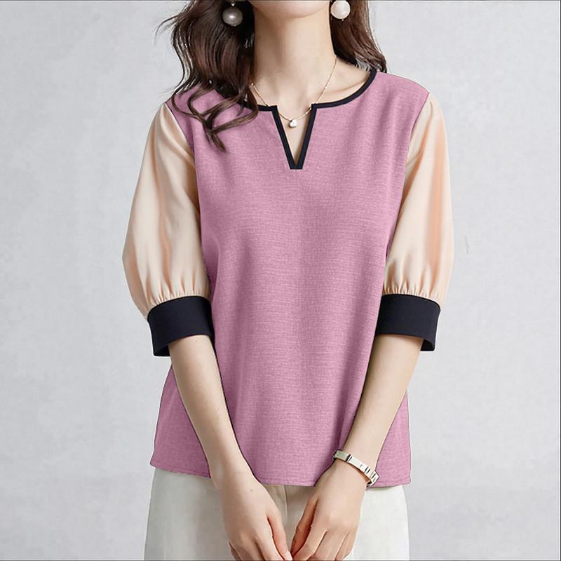 

ZANZEA Женская повседневная блузка с V-образным вырезом, пэчворком и рукавом до локтя, свободного кроя 5XL розовый