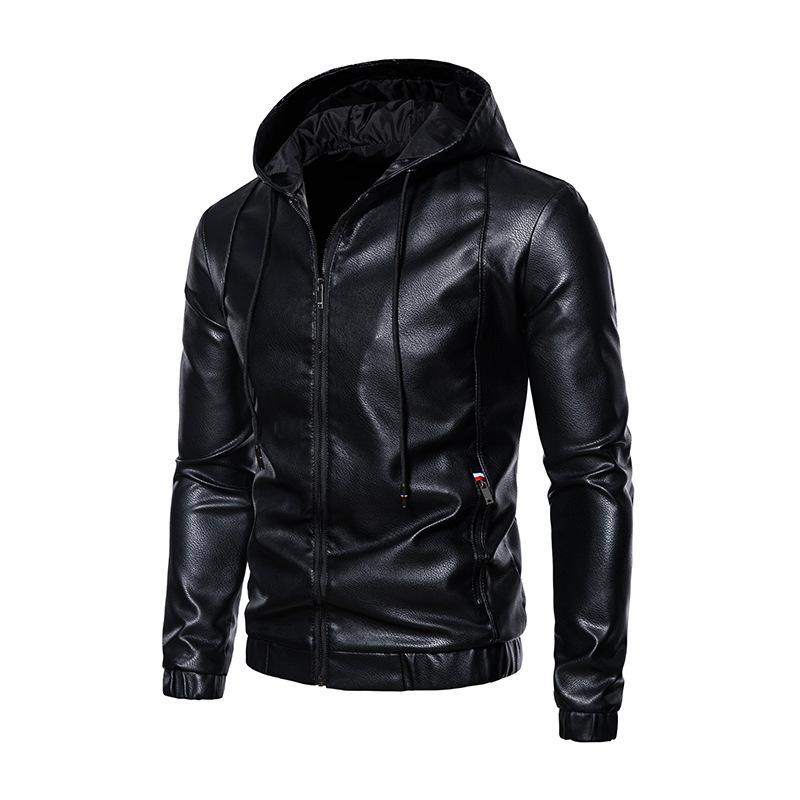 Autumn and Winter Men's Leather Jacket Leather Jacket Men's Hooded Slim Fit Motorcycle Casual Solid Color Jacket
