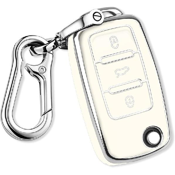 QBUC for VW Key Fob Cover with Keychain Silver Trim Soft TPU Compatible with Volkswagen Jetta Beetle Santana Scirocco Eos Tiguan Touran Polo MK5