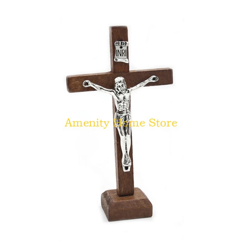 F26C Wooden Catholic Jesus for Cross Crucifix with Stand Religious Prayer Tabletop De
