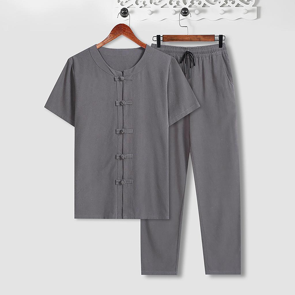 Men's Retro Cotton Linen Short-sleeved T-shirt Top Loose Pants Two-piece Suit