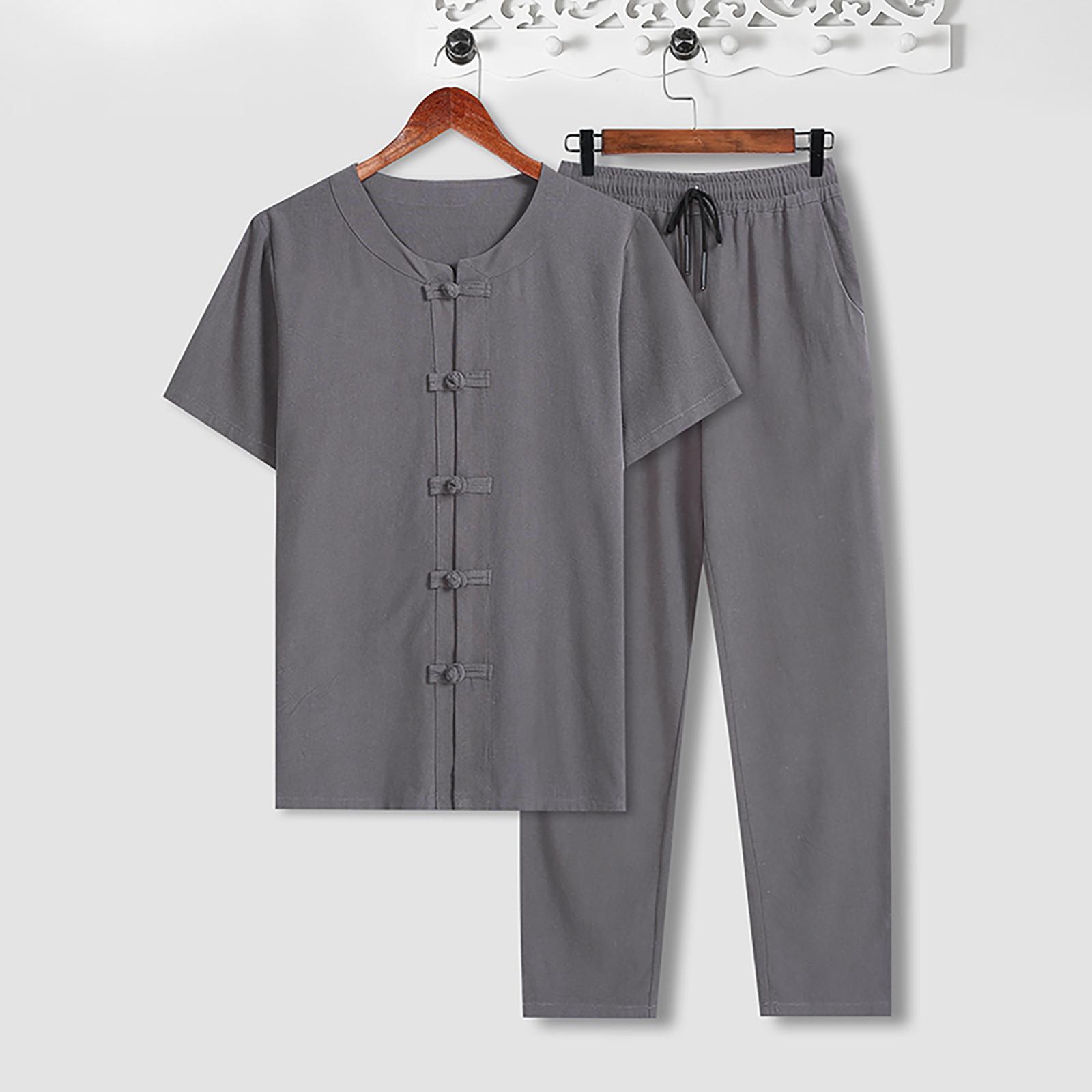 Men s Retro Cotton Linen Short-sleeved T-shirt Top Loose Pants Two-piece Suit XXXXXL 2980₽