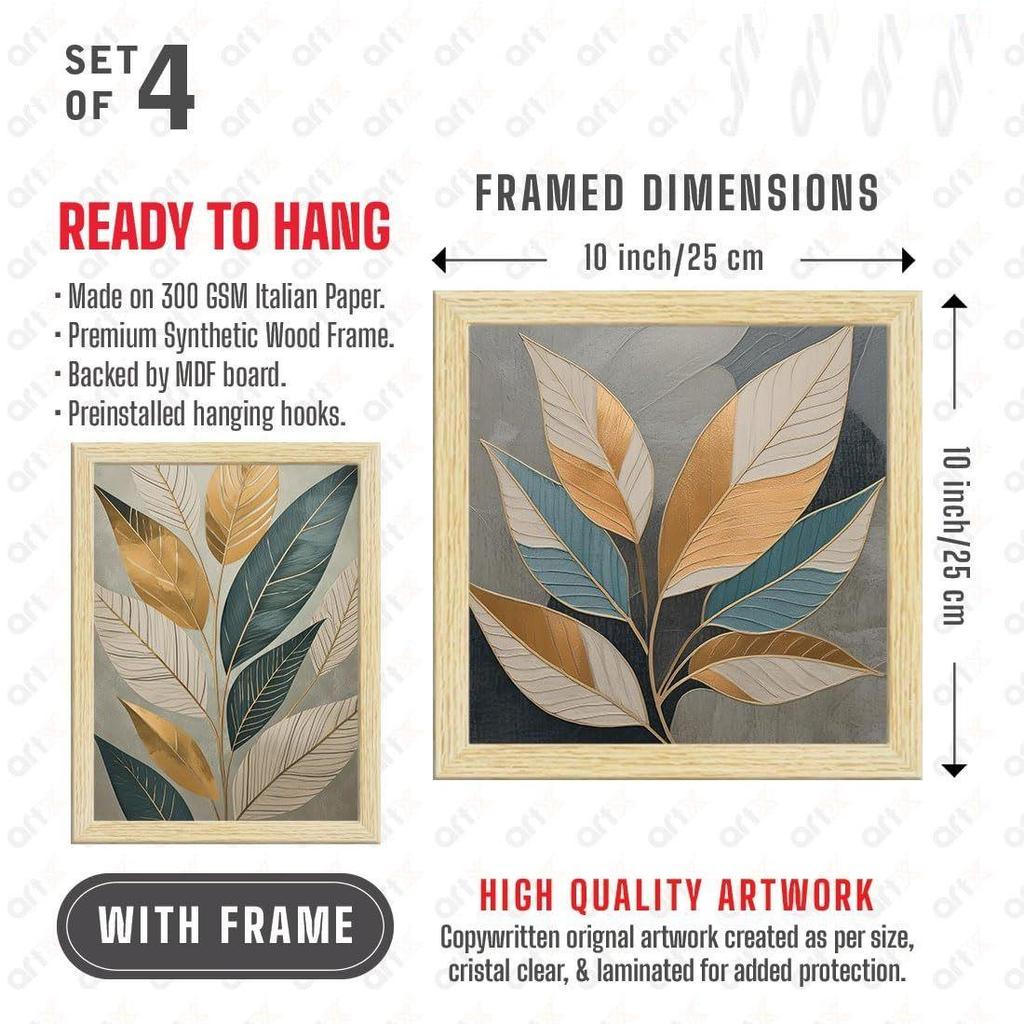 Paper Golden Leaves Botanical Art Paintings With Frame for Home Decor, Wall Painting for Living Room, Multicolor, Set of 4