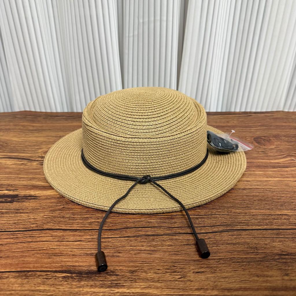 European and American Style Concave and Convex Top Straw Woven Flat-brimmed Top Hat for Women's Summer New Light Luxury Wax Leather Rope Strap Beach