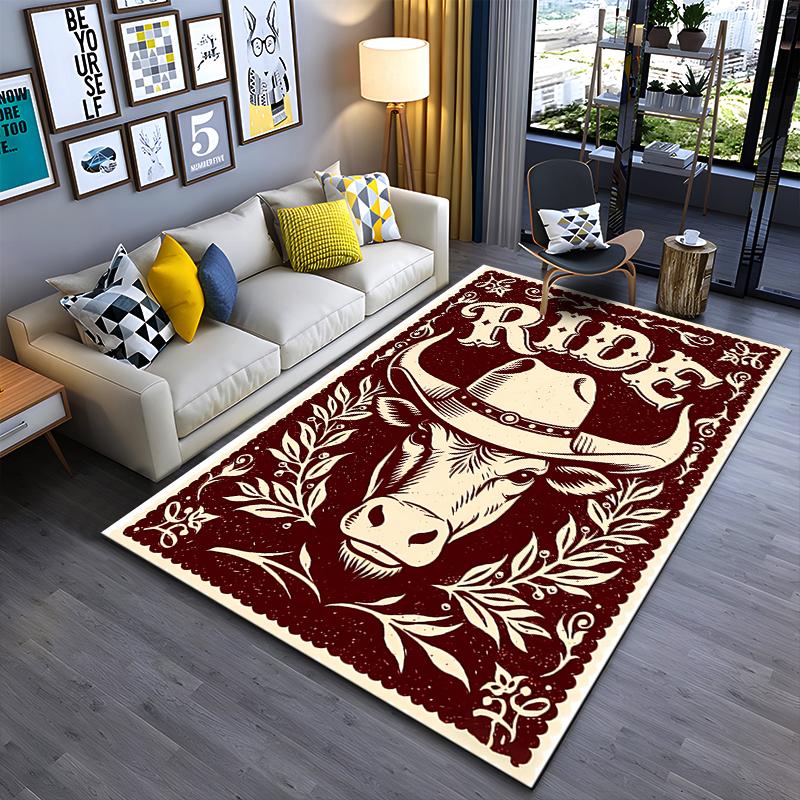 Cowboy-Themed Carpet with Bull Print, "Ride" Text, Rustic Design Suitable for use as an anti-slip for living room bedroom sofas