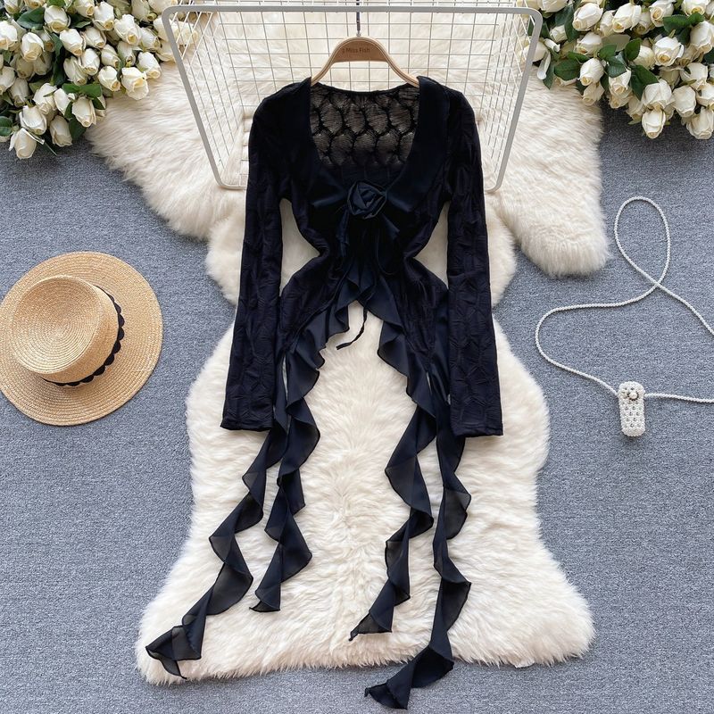 

Ribbon Three-Dimensional Flowers Niche Style Chic Long Sleeves Tops Black L