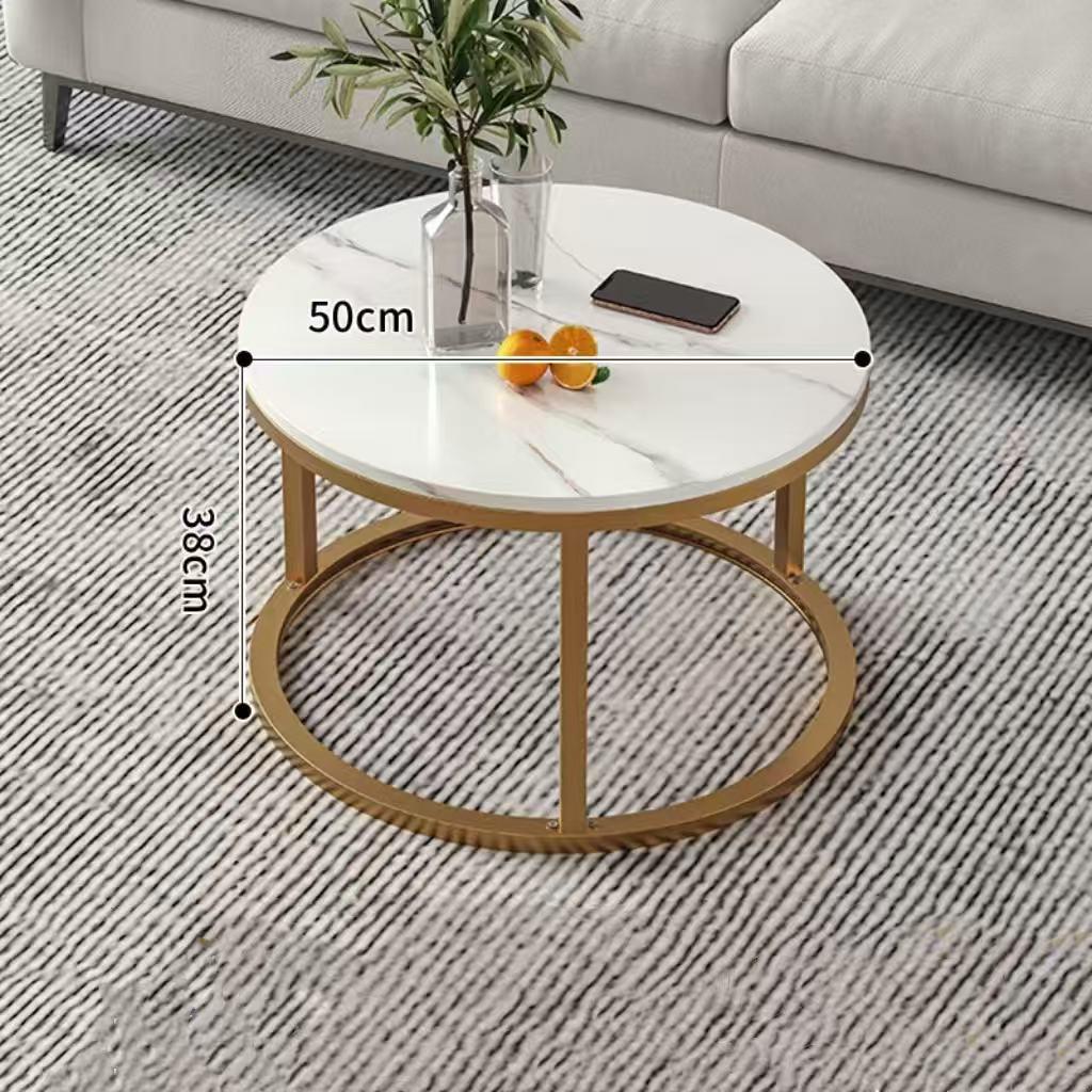 Modern Minimalist Round Coffee Table Set with Stone Pattern and Iron Art Storage