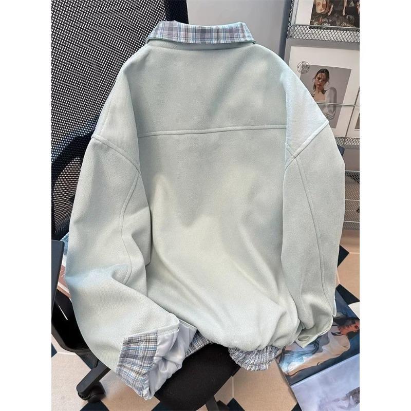 Star Contrasting Women's Hoodie Plaid Lapel Colored Button Sweatshirt Jacket Korean Casual Female Loose Long Sleeved Top