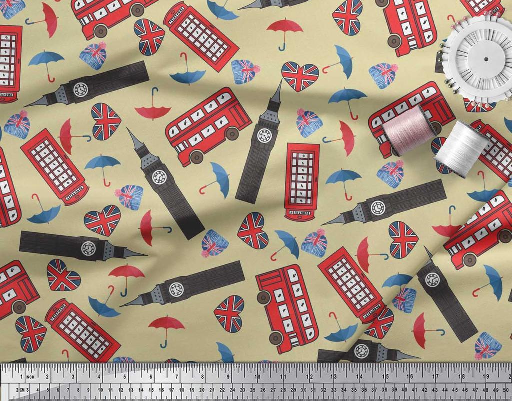 Soimoi Japan Crepe Satin Fabric Bus,Telephone Booth & London Clock Tower Architectural Print Sewing Fabric Metre 42 Inch
