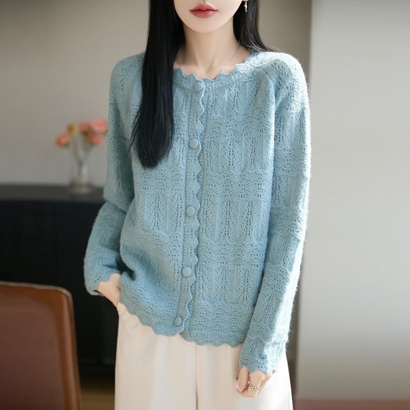 Round-neck Knitted Cardigan with Long Sleeves, Women's Sheer Loose-fitting Top Coat