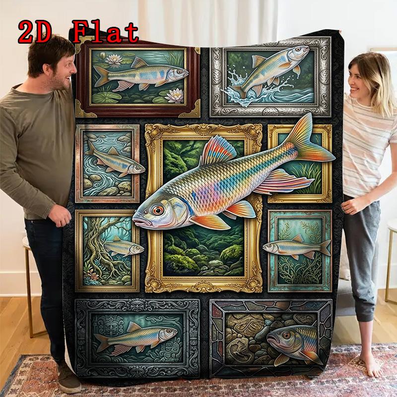 Fish Art Collection 2D Flat Pattern Flannel Blanket, High Quality All Seasons, Home Decor, Warmth and Comfort, Perfect for Christmas Gifts.